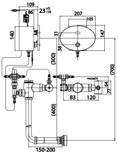 CT483AC ฟลัชวาล์วอัตโนมัติโถสุขภัณฑ์ฝังผนัง (ใช้ไฟฟ้า)