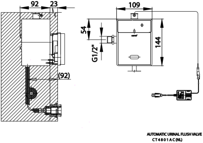 CT4801AC(NL) ฟลัชวาล์วอัตโนมัติโถปัสสาวะชายชนิดฝังผนัง BACK INLET (ใช้ไฟฟ้า)