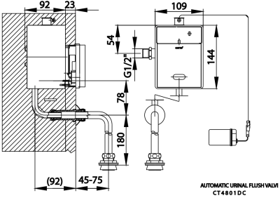 CT4801DC ฟลัชวาล์วอัตโนมัติโถปัสสาวะชายชนิดฝังผนัง TOP INLET (ใช้แบตเตอรี่)