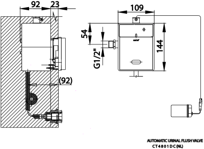 CT4801DC(NL) ฟลัชวาล์วอัตโนมัติโถปัสสาวะชายชนิดฝังผนัง BACK INLET (ใช้แบตเตอรี่)