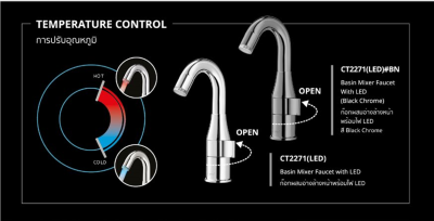 CT2271#BN(LED) ก๊อกผสมอ่างล้างหน้าพร้อมไฟ LED 7 สี (BLACK CHROME) รุ่น VEGAS