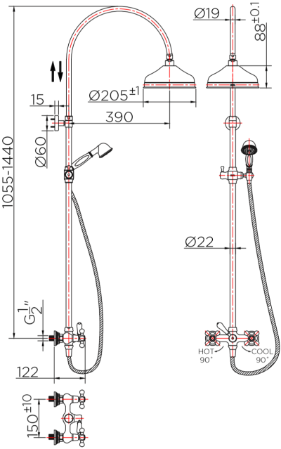 KRS-073-780-53 ก๊อกผสมติดผนัง พร้อมชุดฝักบัว Rain Shower และฝักบัวสายอ่อน  สีโรสโกลด์