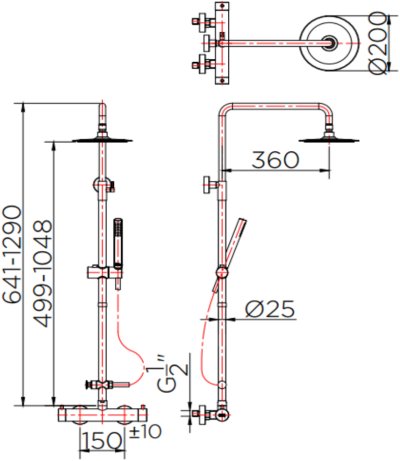 KRS-011-780-63 ก๊อกผสมยืนอาบติดผนัง พร้อมชุดฝักบัว Rain Shower และฝักบัวสายอ่อนปรับน้ำ 1 ระดับ(สแตนเลส 304)
