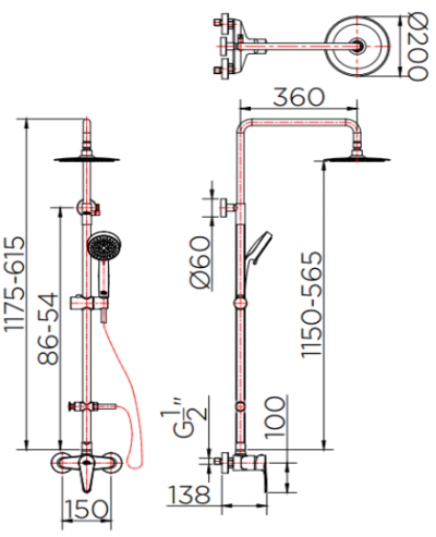 KRS-032-780-63 ก๊อกผสมยืนอาบติดผนัง พร้อมชุดฝักบัว Rain Shower และฝักบัวสายอ่อน ปรับน้ำ 5 ระดับ (สแตนเลส 304)
