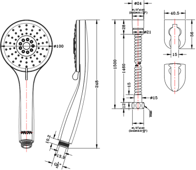 KS-10-213-50 ฝักบัวสายอ่อน ปรับน้ำ 3 ระดับ  ขนาด Ø 10 ซม. พร้อมสายสแตนเลส 304