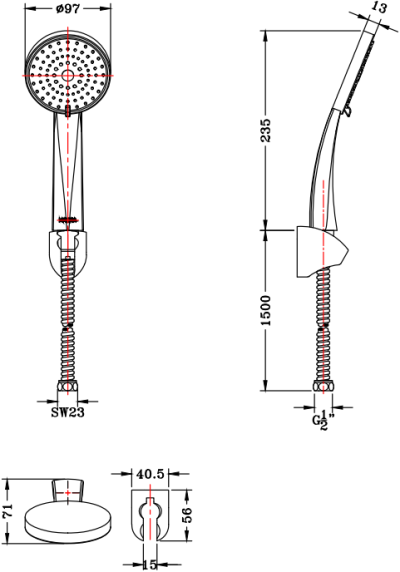 KS-09-213-50 ฝักบัวสายอ่อนสีโครเมี่ยม ปรับน้ำ 3 ระดับ ขนาด Ø 9.7 ซม. พร้อมสายโลหะและขอแขวน