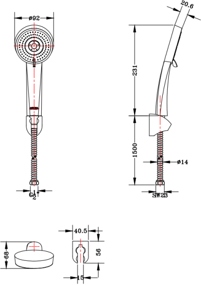 KS-08-213-50 ฝักบัวสายอ่อน ปรับน้ำ 3 ระดับ ขนาด Ø 9.8 ซม. พร้อมสายสแตนเลส 304