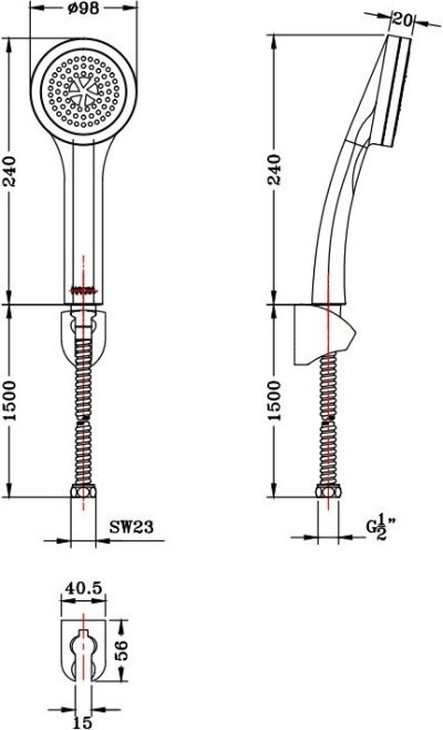 KS-04-255-50 ฝักบัวสายอ่อน ปรับน้ำ 5 ระดับ ขนาด Ø 9.8 ซม. พร้อมสายสแตนเลส 304