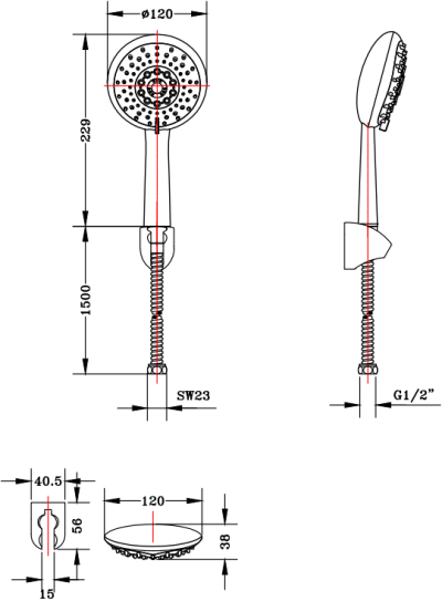 KS-03-213-50 ฝักบัวมือแบบปรับน้ำได้ 3 ระดับ (ขนาด 12 ซม.) พร้อมสายโลหะยาว 150 ซม. และขอแขวนครบชุด