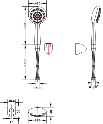 KS-02-213-50 ฝักบัวมือแบบปรับน้ำได้ 3 ระดับ (ขนาด 9.5 ซม.) พร้อมสายโลหะยาว 150 ซม. และขอแขวนครบชุด