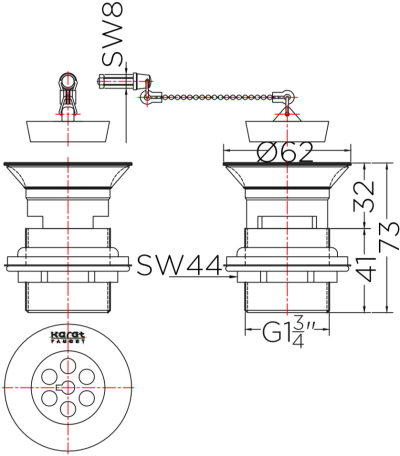 BAD1-50 สะดืออ่างล้างหน้าแบบสายโซ่ (มีรูน้ำล้น)