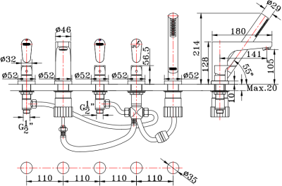 KF-44-215-50 ก๊อกผสมติดบนอ่างอาบน้ำแบบก้านโยก พร้อมฝักบัวสายอ่อนและที่สลับทางน้ำ