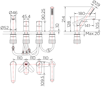 KF-44-714-50 ก๊อกผสมติดอ่างอาบน้ำแบบก้านโยกพร้อมฝักบัวสายอ่อนและที่สลับทางน้ำ