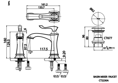 CT2230A ก๊อกผสมอ่างล้างหน้า พร้อมสะดือแบบกดและสายน้ำดี รุ่น EVERETT