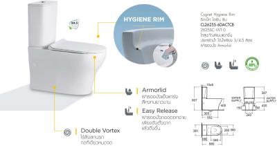 TF-2625SC-WT-0 (CL26255-6DACTCB) สุขภัณฑ์ แบบสองชิ้น 3/4.5 ลิตร รุ่น CYGNET HYGIENE RIM