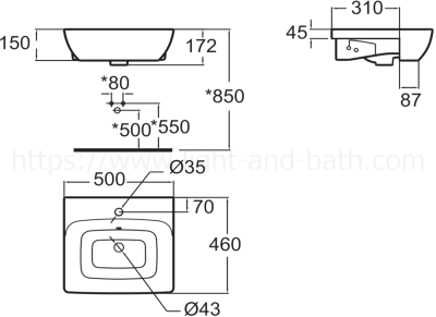 WP-F301-WT อ่างล้างหน้า แบบฝังครึ่งเคาน์เตอร์ รุ่น MILANO