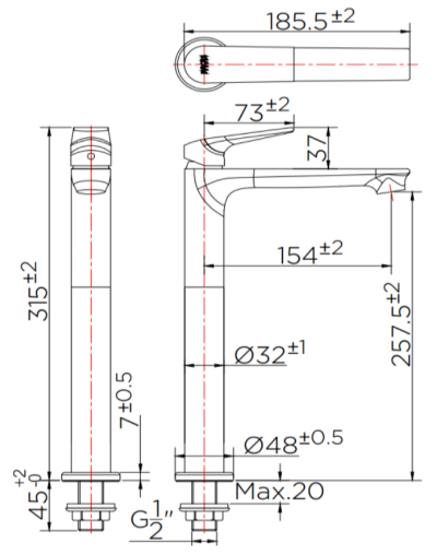 KF-51-611-50 ก๊อกเดี่ยวอ่างล้างหน้าทรงสูงแบบก้านโยก (ไม่มีป๊อปอัพ)