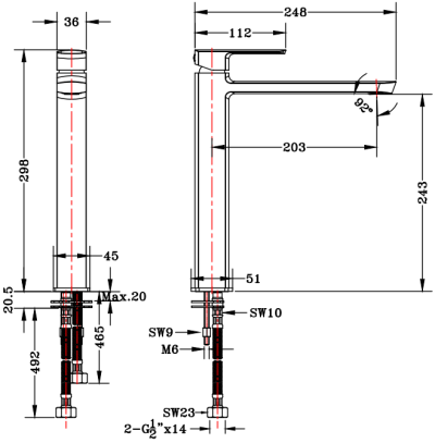 KF-43-621-50 ก๊อกผสมอ่างล้างหน้าทรงสูงแบบก้านโยก (ไม่มีป๊อปอัพ)