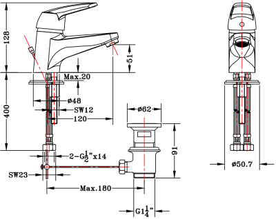 KF-26-620-50 ก๊อกผสมอ่างล้างหน้าแบบก้านโยก พร้อมป๊อปอัพ