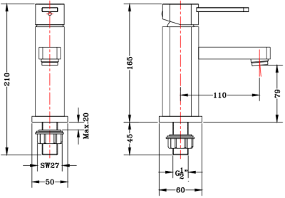 KF-20-610-50 ก๊อกอ่างล้างหน้า (น้ำเย็น) แบบติดเคาน์เตอร์ รุ่น DRACO
