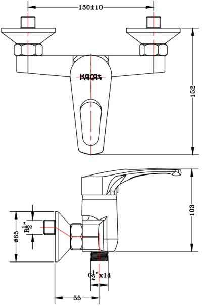 HO40-50 ก๊อกผสมยืนอาบแบบก้านโยก ติดผนัง สำหรับฝักบัวสายอ่อน