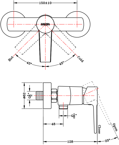 KF-18-760-50 ก๊อกผสมยืนอาบแบบก้านโยก ติดผนัง สำหรับฝักบัวสายอ่อน