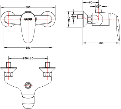 KF-26-780-50 ก๊อกผสมยืนอาบแบบก้านโยก ติดผนัง สำหรับชุดฝักบัว Rain Shower ขนาด Ø 1/2 นิ้ว (4 หุน)