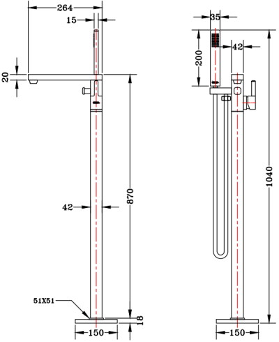 KF-41-771-50 ก๊อกผสมลงอ่างแบบตั้งขึ้นจากพื้น พร้อมฝักบัวสายอ่อน (ทรงเหลี่ยม)
