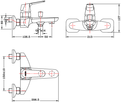 KF-30-720-50 ก๊อกผสมอ่างอาบน้ำแบบก้านโยก ติดผนัง พร้อมที่สลับทางน้ำ (Diverter) สำหรับฝักบัวสายอ่อน