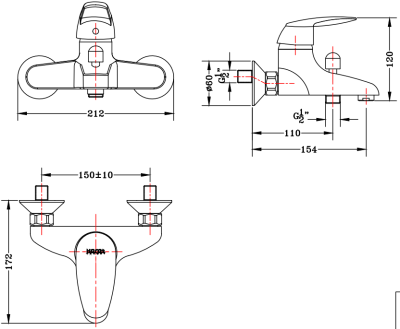 KF-26-720-50 ก๊อกผสมอ่างอาบน้ำแบบก้านโยก ติดผนัง พร้อมที่สลับทางน้ำ (Diverter) สำหรับฝักบัวสายอ่อน