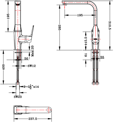 KF-59-927-50 ก๊อกซิงค์ (ผสม) แบบติดเคาน์เตอร์