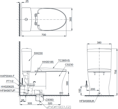 CST231 สุขภัณฑ์ แบบสองชิ้น 3/4.8 ลิตร