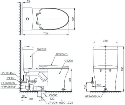 CST230 สุขภัณฑ์ แบบสองชิ้น 3/4.8 ลิตร