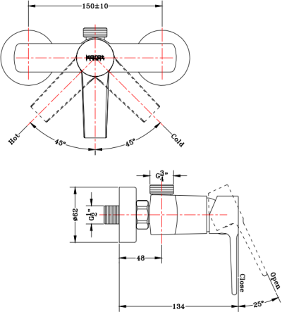 KF-18-780-50 ก๊อกผสมยืนอาบแบบก้านโยก ติดผนัง สำหรับชุดฝักบัว Rain Shower ขนาด Ø 3/4 นิ้ว (6 หุน)