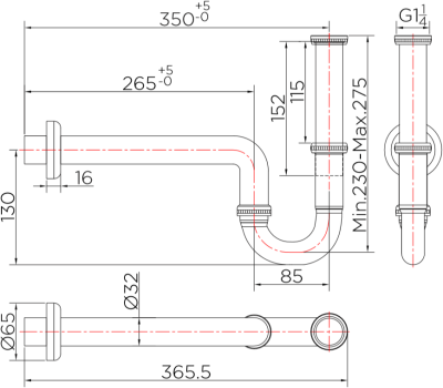 BAT2S-50 ท่อน้ำทิ้งแบบพีแทรป (P-TRAP) ยาวพิเศษแนวนอน 35 ซม.