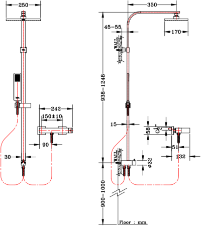 KRS-031-760 ก๊อกผสมยืนอาบติดผนัง พร้อมชุดฝักบัว Rain Shower และฝักบัวสายอ่อนปรับน้ำ 1 ระดับ