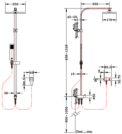 KRS-031-870 ก๊อกเดี่ยวติดผนัง พร้อมชุดฝักบัว Rain Shower และฝักบัวสายอ่อนปรับน้ำ 1 ระดับ