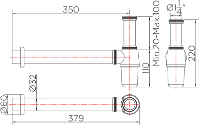 BAT3S-50 ท่อน้ำทิ้งแบบกระปุกยาวพิเศษแนวนอน 35 ซม.