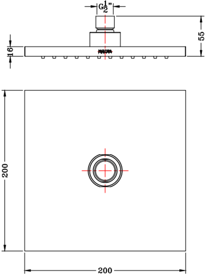 KS-04-352-50 หัวฝักบัว Rain Shower แบบสี่เหลี่ยมจัตุรัส ขนาด 20x20 ซม. (ABS)
