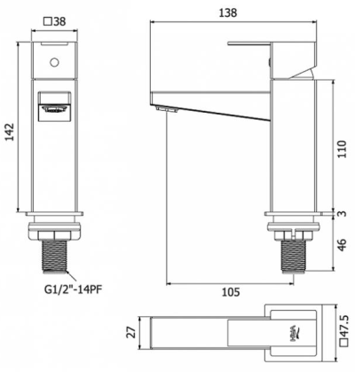 HFVSP-2000X3 ก๊อกเดี่ยวอ่างล้างหน้าสูง110มม.OD1.1/2" รุ่น CUBE