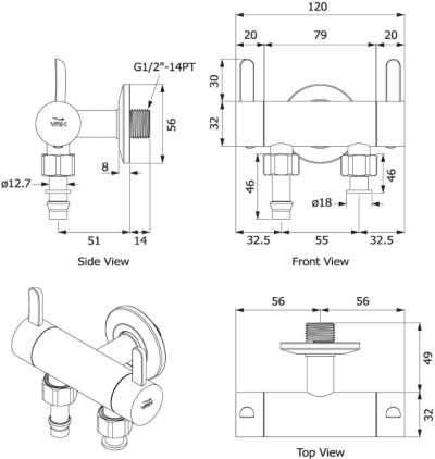 HFVSB-7120P7 ก๊อกเดี่ยว 2 ทาง อเนกประสงค์ ติดผนังพร้อมหางปลาและนัทล็อคสำหรับเครื่องซักผ้า รุ่น WIND