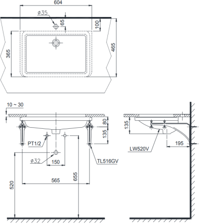 L520 อ่างล้างหน้า แบบฝังใต้เคาน์เตอร์