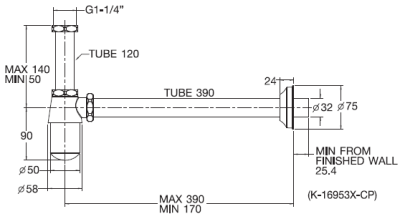 K-16953X-CP ชุดท่อน้ำทิ้งอ่างล้างหน้าแบบกระปุก (ยาว 39 ซม.)