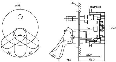 TBG01S04T#BBR ก๊อกผสมยืนอาบน้ำชนิดฝังผนังพร้อมชุดเปลียนทิศทางน้ำ