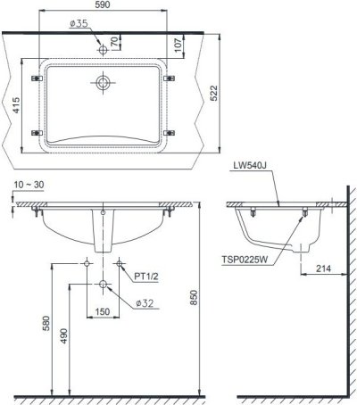 LW540J อ่างล้างหน้า แบบฝังใต้เคาน์เตอร์