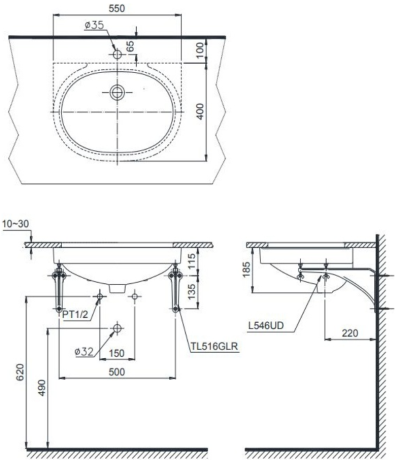 L546UD อ่างล้างหน้า แบบฝังใต้เคาน์เตอร์
