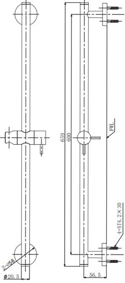TBW01016T ราวแขวนฝักบัวปรับระดับ (ความยาว: 600 มม.)