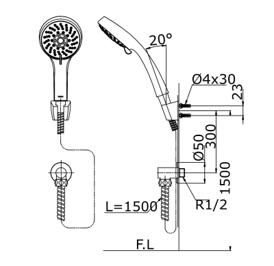 TTSH102EMFUK ฝักบัวพร้อมสาย 5 ฟังก์ชั่น รวมข้อต่อ