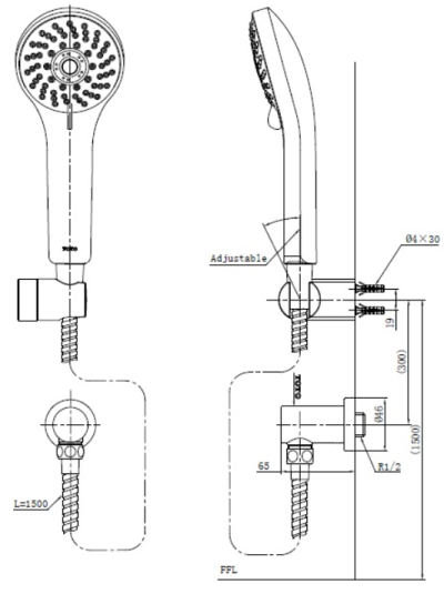 TTSR106EMFUK ฝักบัวพร้อมสาย 5 ฟังก์ชั่น รวมข้อต่อ รุ่น REI-S