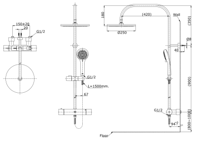 TX454SESMR ก๊อกผสมยืนอาบน้ำ แบบปรับอุณหภูมิคงที่ พร้อมฝักบัวก้านแข็งและฝักบัวสายอ่อน 5 ฟังก์ชัน (ขนาด:Ø หัวฝักบัว 230 มม.)